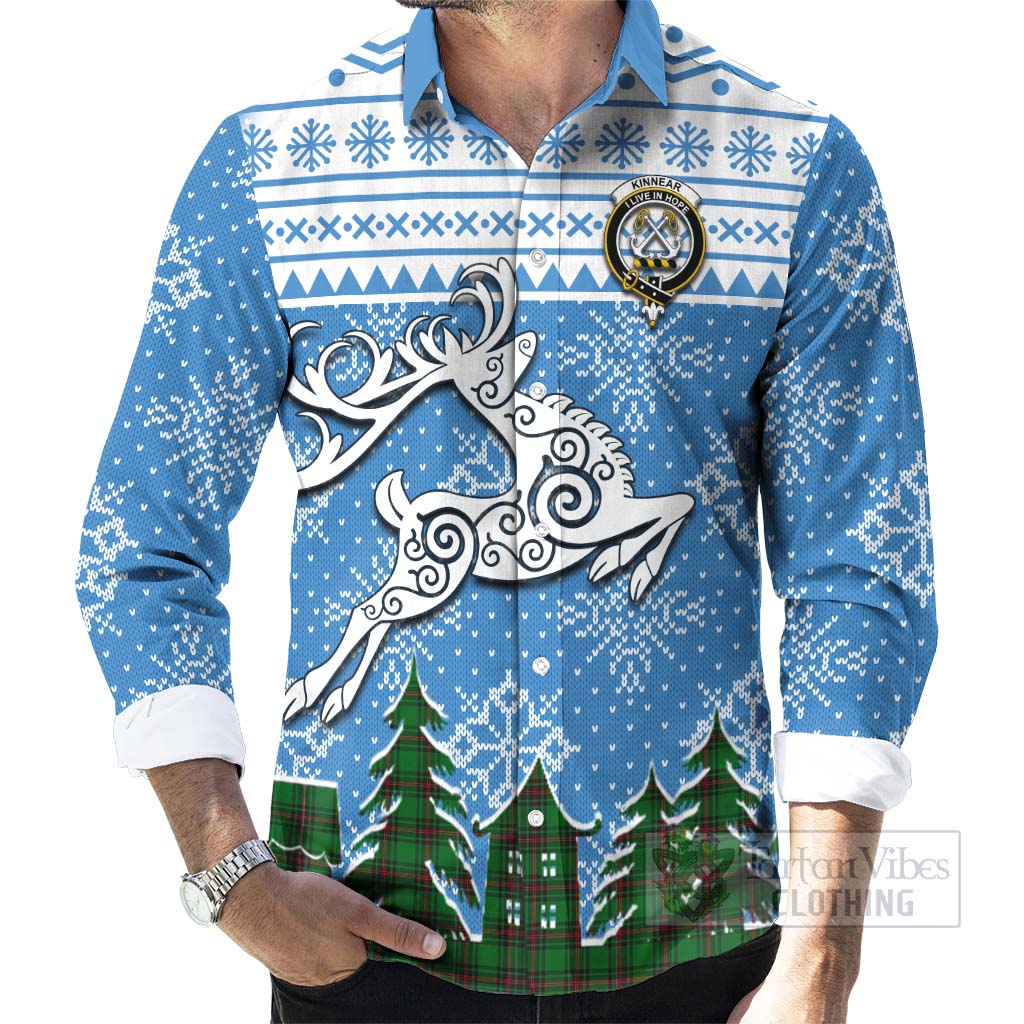 Tartan Vibes Clothing Kinnear Clan Christmas Long Sleeve Button Shirt Celtic Reindeer Style