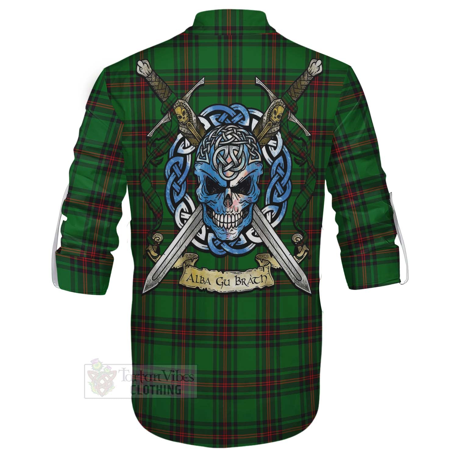 Tartan Vibes Clothing Kinnear Tartan Ghillie Kilt Shirt with Family Crest Celtic Skull Style