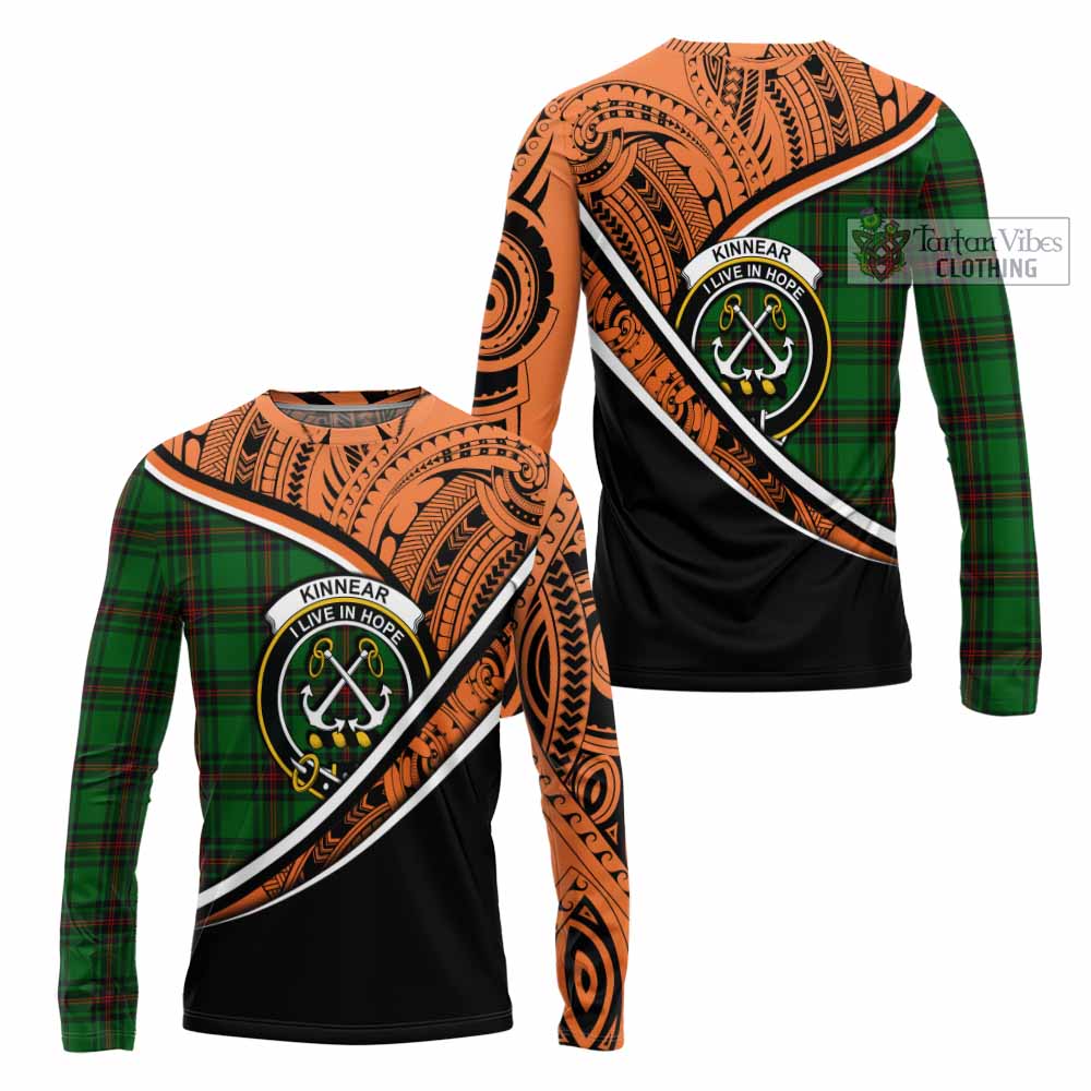 Tartan Vibes Clothing Kinnear Crest Tartan Long Sleeve T-Shirt with Maori Tattoo Style - Orange Version