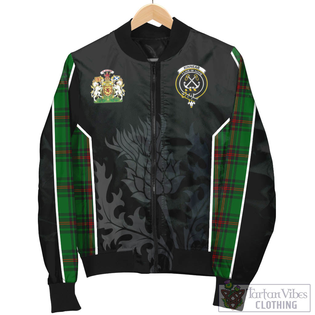 Tartan Vibes Clothing Kinnear Tartan Bomber Jacket with Family Crest and Scottish Thistle Vibes Sport Style