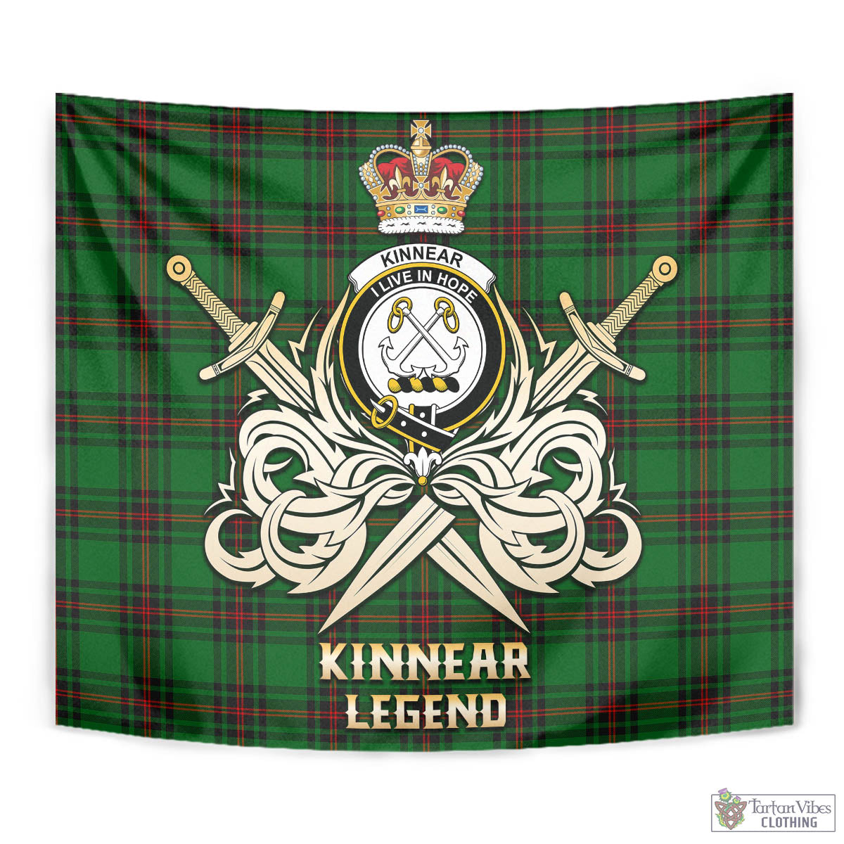 Tartan Vibes Clothing Kinnear Tartan Tapestry with Clan Crest and the Golden Sword of Courageous Legacy