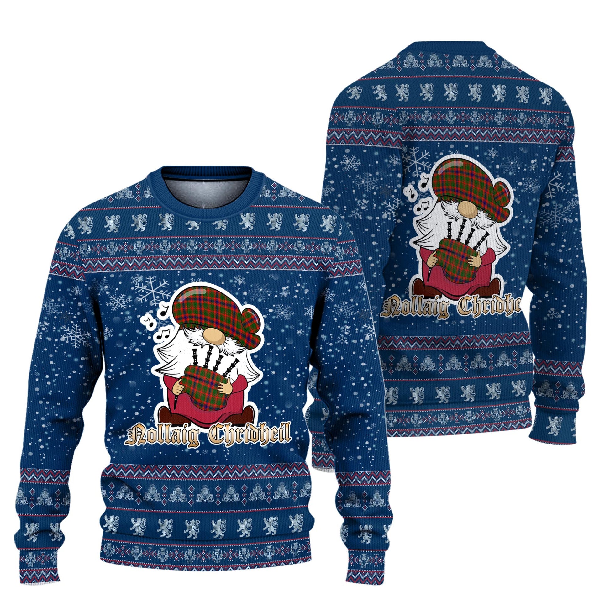 Kinninmont Clan Christmas Family Knitted Sweater with Funny Gnome Playing Bagpipes Unisex Blue - Tartanvibesclothing