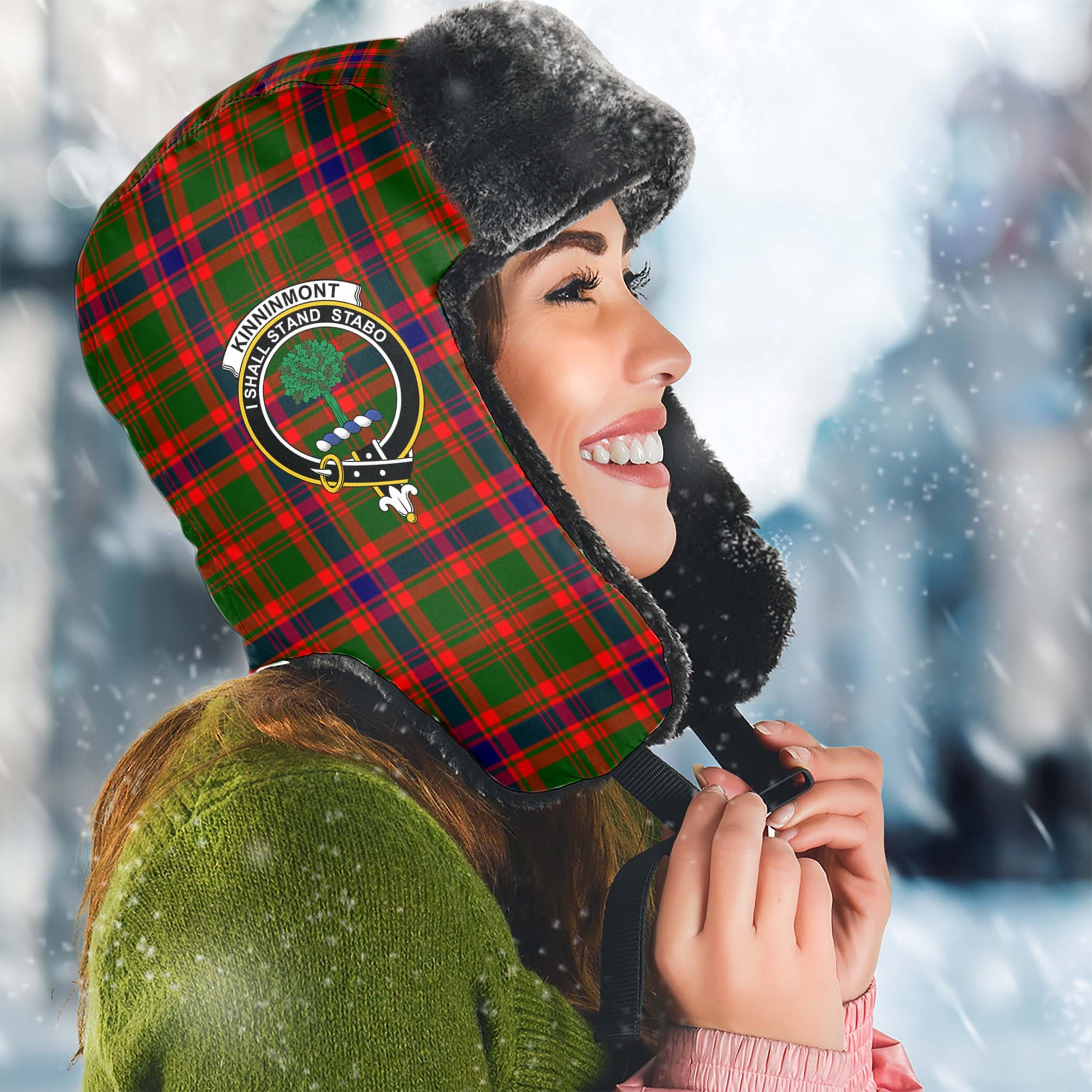 Kinninmont Tartan Winter Trapper Hat with Family Crest Winter Trapper Hat Universal Fit Circumference 22.8in (58cm) - Tartanvibesclothing