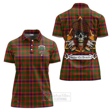 Kinninmont Tartan Women's Polo Shirt with Family Crest and Bearded Skull Holding Bottles of Whiskey