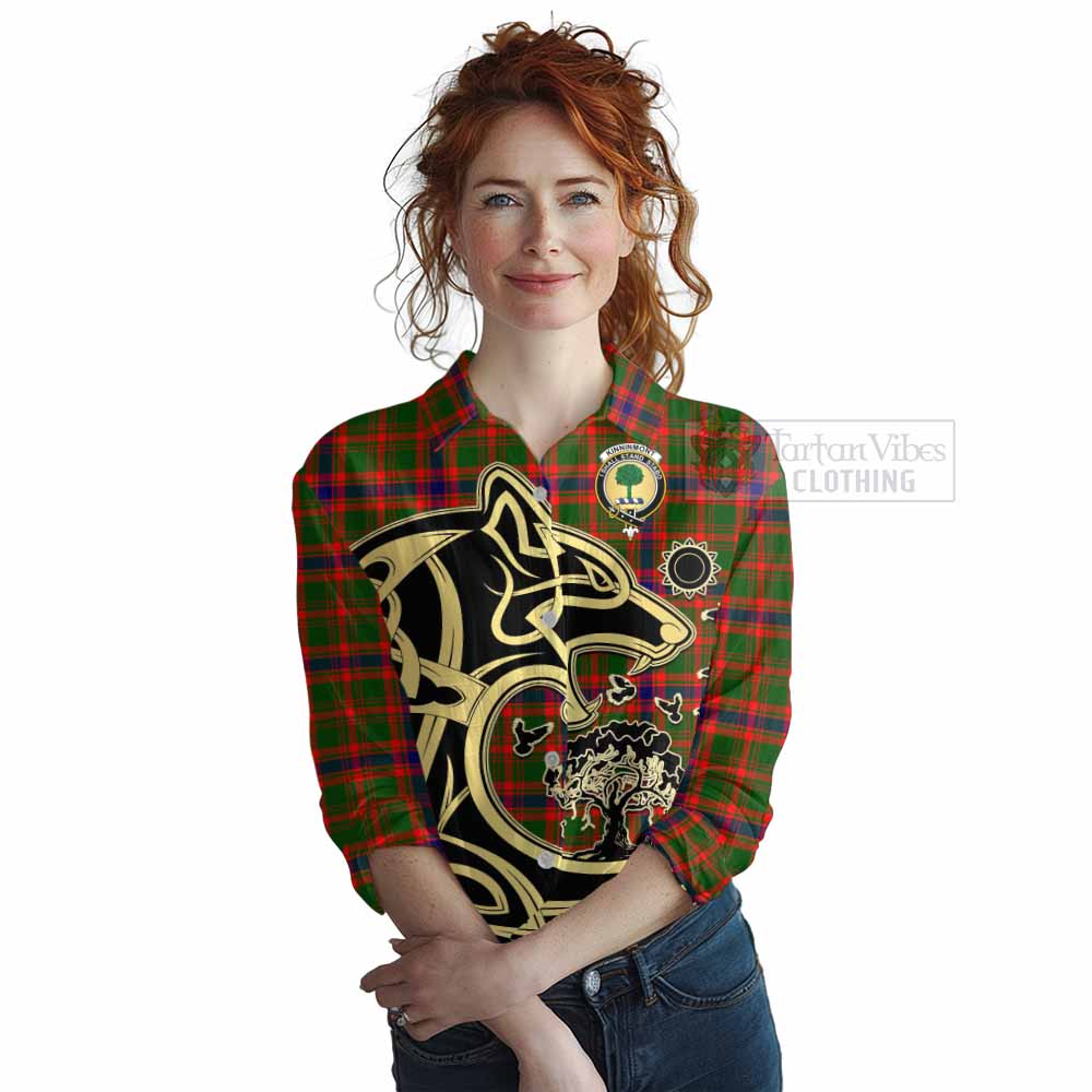 Tartan Vibes Clothing Kinninmont Tartan Women's Casual Shirt with Family Crest Celtic Wolf Style