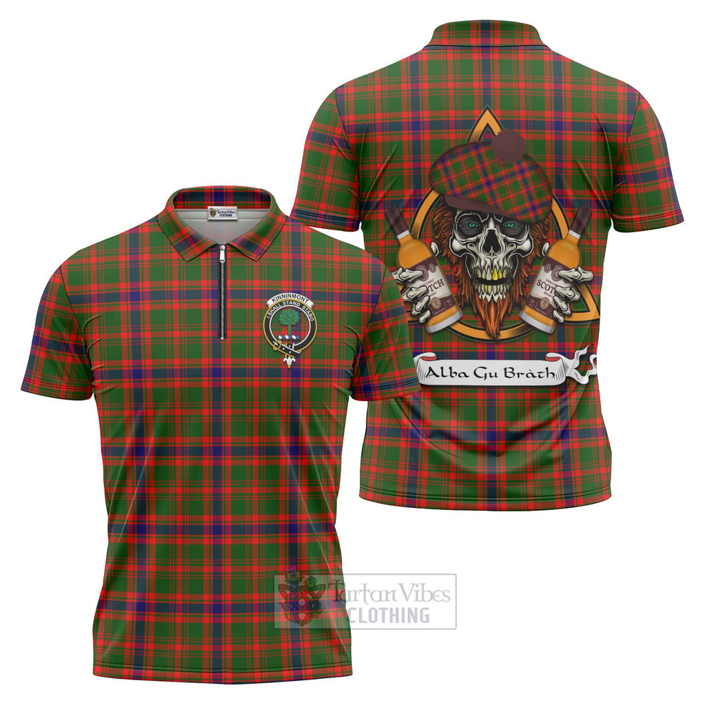 Tartan Vibes Clothing Kinninmont Tartan Zipper Polo Shirt with Family Crest and Bearded Skull Holding Bottles of Whiskey