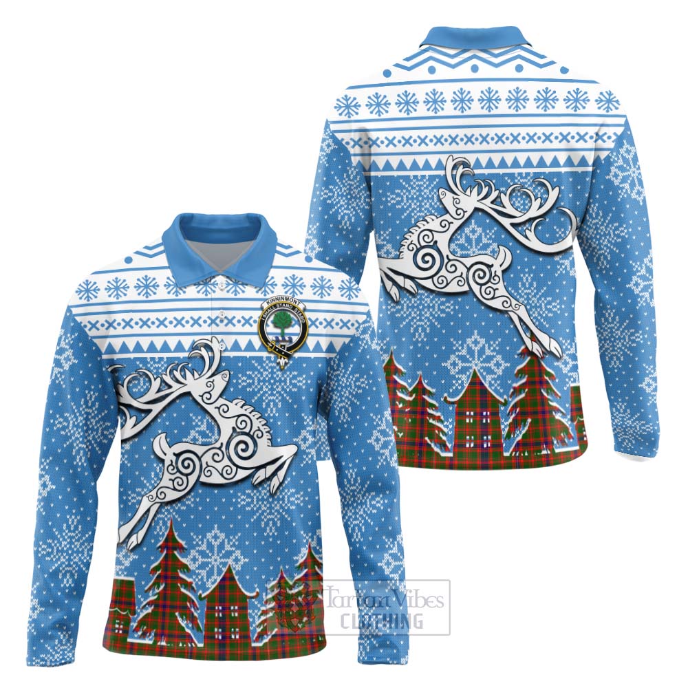 Tartan Vibes Clothing Kinninmont Clan Christmas Long Sleeve Polo Shirt Celtic Reindeer Style