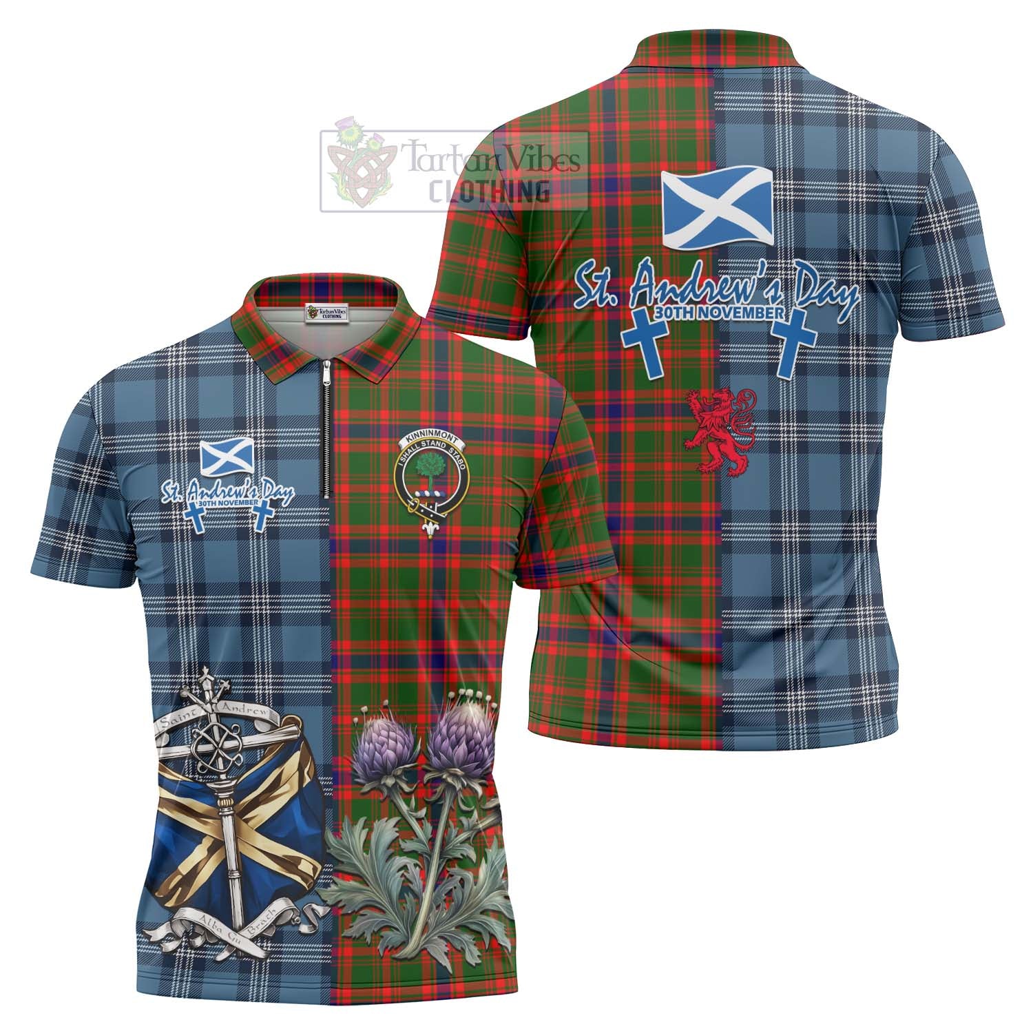 Tartan Vibes Clothing Kinninmont Tartan Zipper Polo Shirt Happy St. Andrew's Day Half Tartan Style