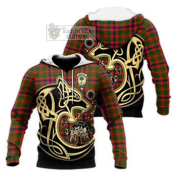 Kinninmont Tartan Knitted Hoodie with Family Crest Celtic Wolf Style