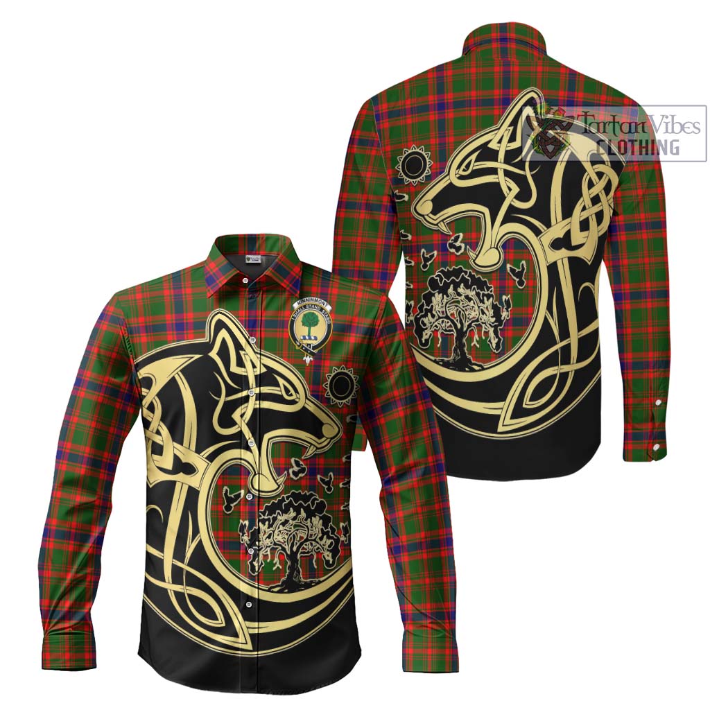 Tartan Vibes Clothing Kinninmont Tartan Long Sleeve Button Shirt with Family Crest Celtic Wolf Style