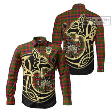 Kinninmont Tartan Long Sleeve Button Shirt with Family Crest Celtic Wolf Style