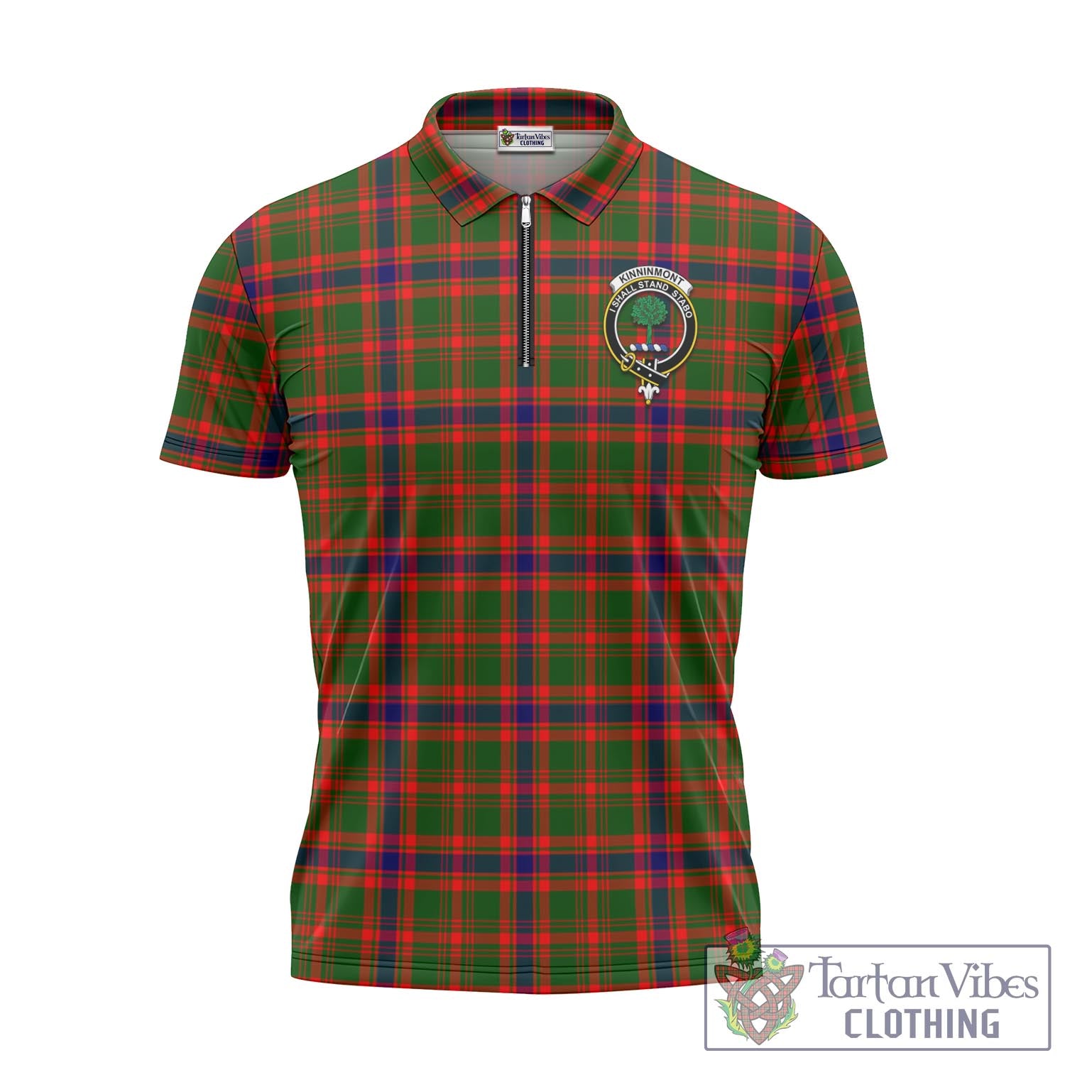 Tartan Vibes Clothing Kinninmont Tartan Zipper Polo Shirt with Family Crest