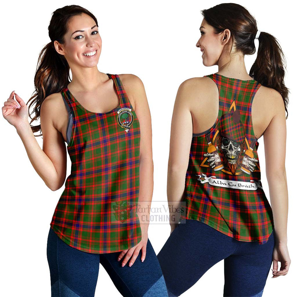 Tartan Vibes Clothing Kinninmont Tartan Women's Racerback Tanks with Family Crest and Bearded Skull Holding Bottles of Whiskey