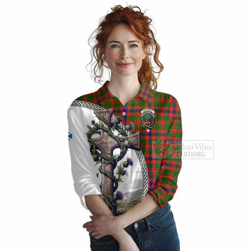 Kinninmont Tartan Women's Casual Shirt with Family Crest and St. Andrew's Cross Accented by Thistle Vines