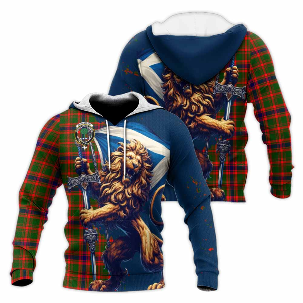 Tartan Vibes Clothing Kinninmont Tartan Family Crest Knitted Hoodie with Scottish Majestic Lion