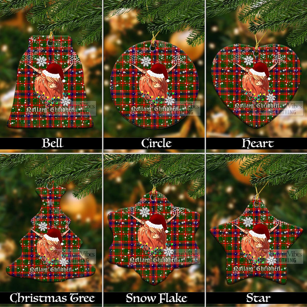 Tartan Vibes Clothing Kinninmont Clan Tartan Ornament with Christmas Twinkle Highland Cattle