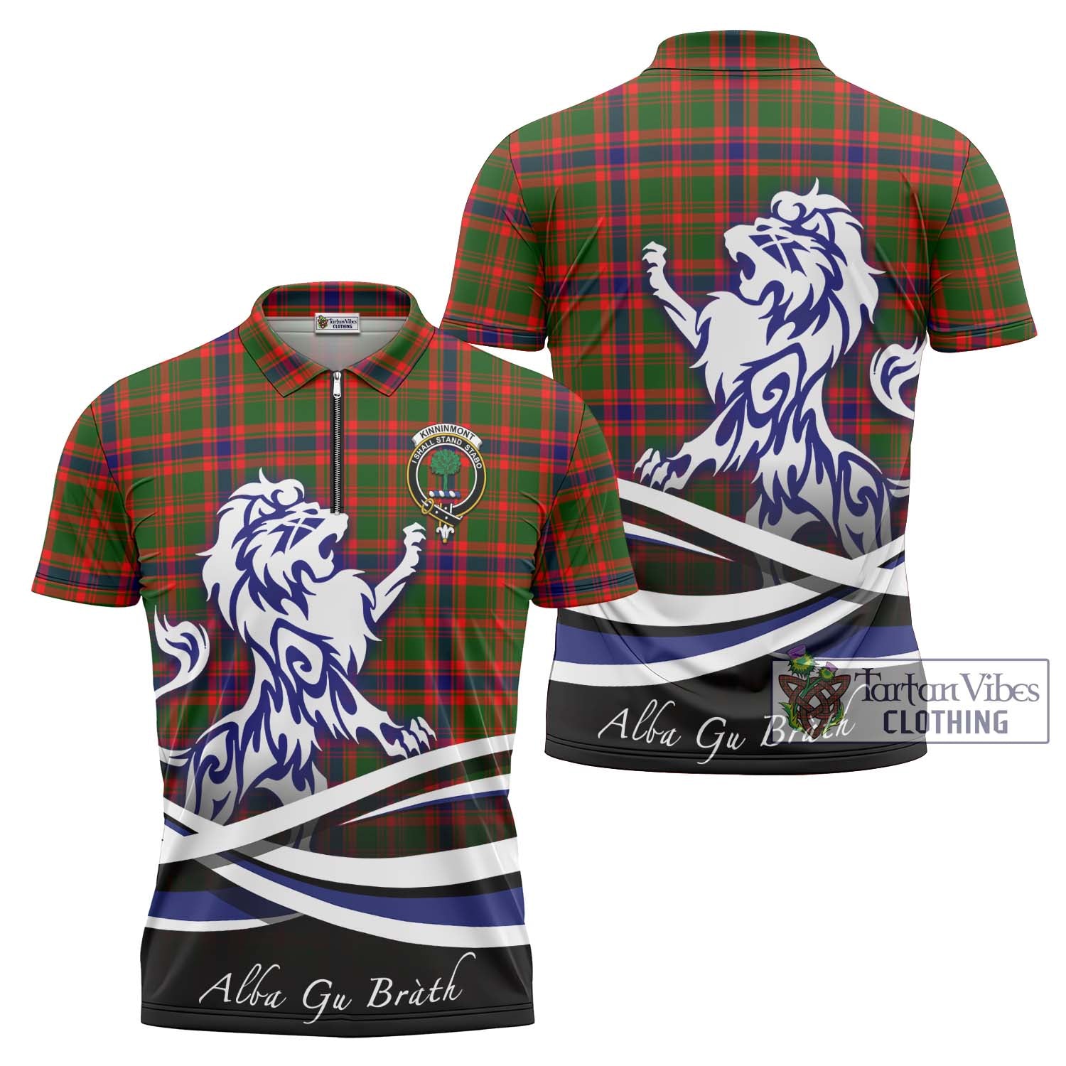 Tartan Vibes Clothing Kinninmont Tartan Zipper Polo Shirt with Alba Gu Brath Regal Lion Emblem