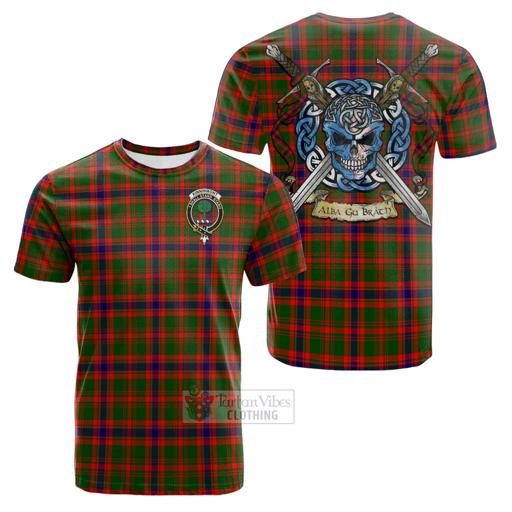 Tartan Vibes Clothing Kinninmont Tartan Cotton T-shirt with Family Crest Celtic Skull Style