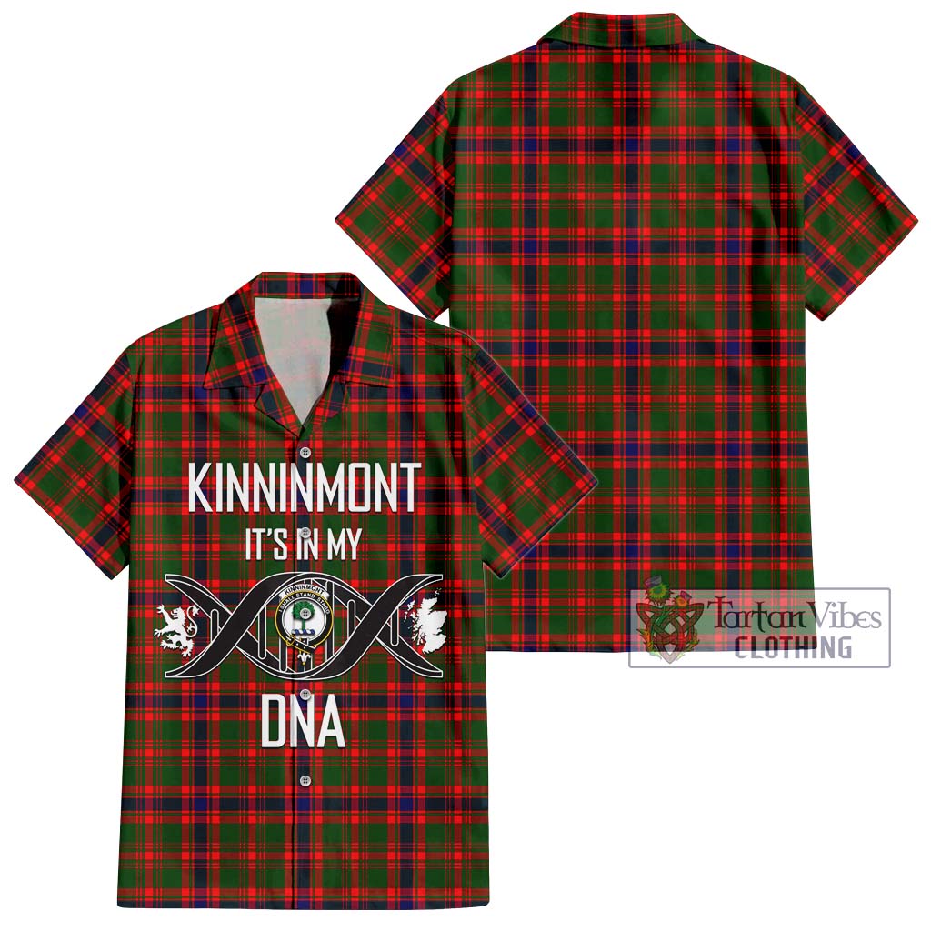 Tartan Vibes Clothing Kinninmont Tartan Short Sleeve Button Shirt with Family Crest DNA In Me Style