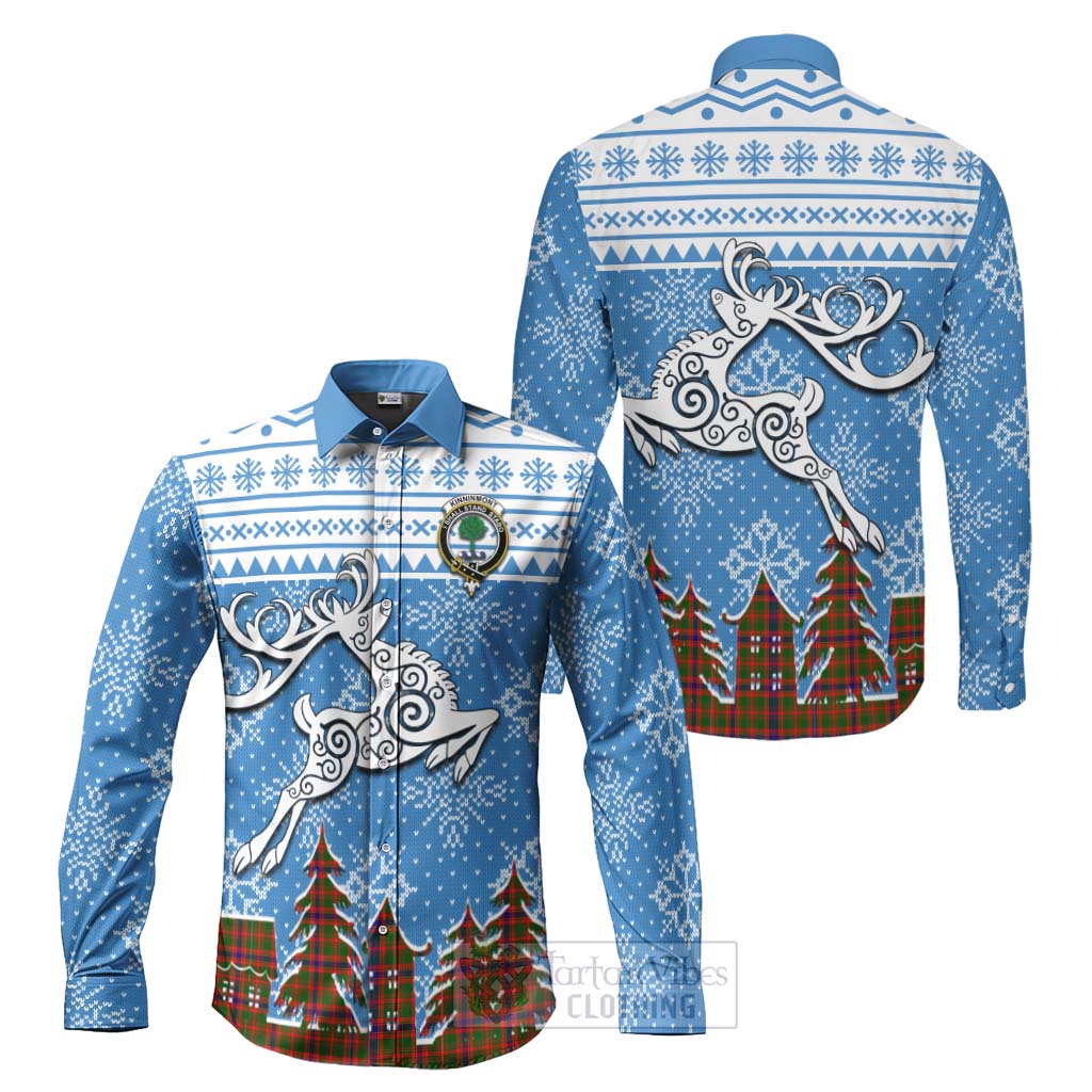 Tartan Vibes Clothing Kinninmont Clan Christmas Long Sleeve Button Shirt Celtic Reindeer Style