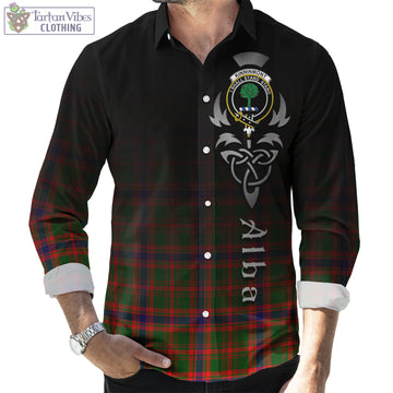 Kinninmont Tartan Long Sleeve Button Up Featuring Alba Gu Brath Family Crest Celtic Inspired