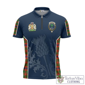 Kinninmont Tartan Zipper Polo Shirt with Family Crest and Scottish Thistle Vibes Sport Style