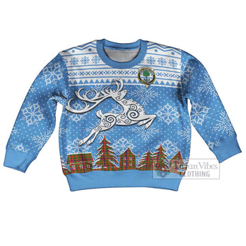 Kinninmont Clan Christmas Kid Ugly Sweater with Tartan and Celtic Reindeer Style