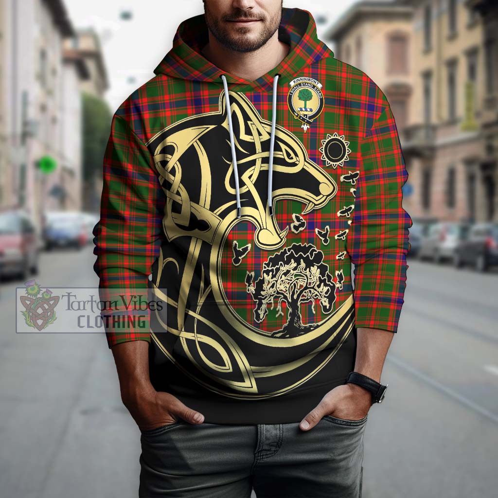 Tartan Vibes Clothing Kinninmont Tartan Hoodie with Family Crest Celtic Wolf Style
