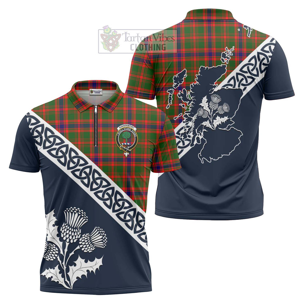 Tartan Vibes Clothing Kinninmont Tartan Zipper Polo Shirt Featuring Thistle and Scotland Map