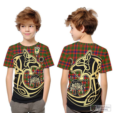 Kinninmont Tartan Kid T-Shirt with Family Crest Celtic Wolf Style