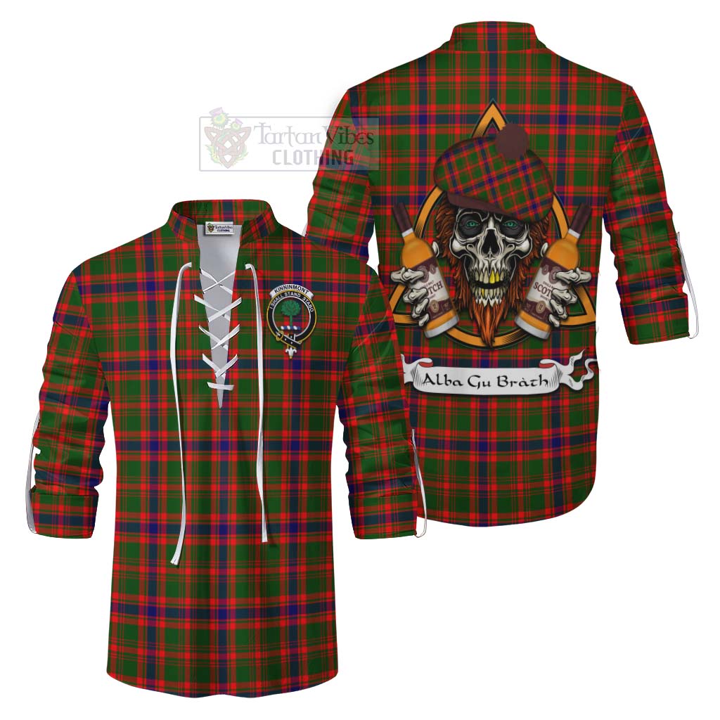 Tartan Vibes Clothing Kinninmont Tartan Ghillie Kilt Shirt with Family Crest and Bearded Skull Holding Bottles of Whiskey