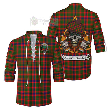 Kinninmont Tartan Ghillie Kilt Shirt with Family Crest and Bearded Skull Holding Bottles of Whiskey