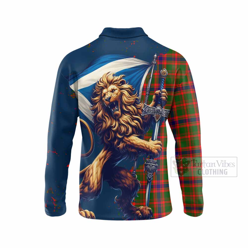 Tartan Vibes Clothing Kinninmont Tartan Family Crest Long Sleeve Polo Shirt with Scottish Majestic Lion