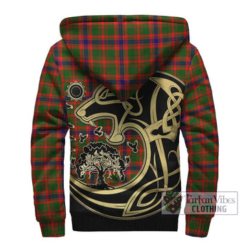 Kinninmont Tartan Sherpa Hoodie with Family Crest Celtic Wolf Style