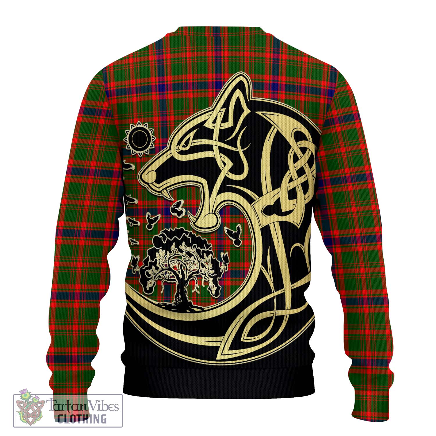 Tartan Vibes Clothing Kinninmont Tartan Knitted Sweater with Family Crest Celtic Wolf Style