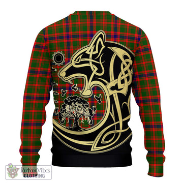 Kinninmont Tartan Knitted Sweater with Family Crest Celtic Wolf Style