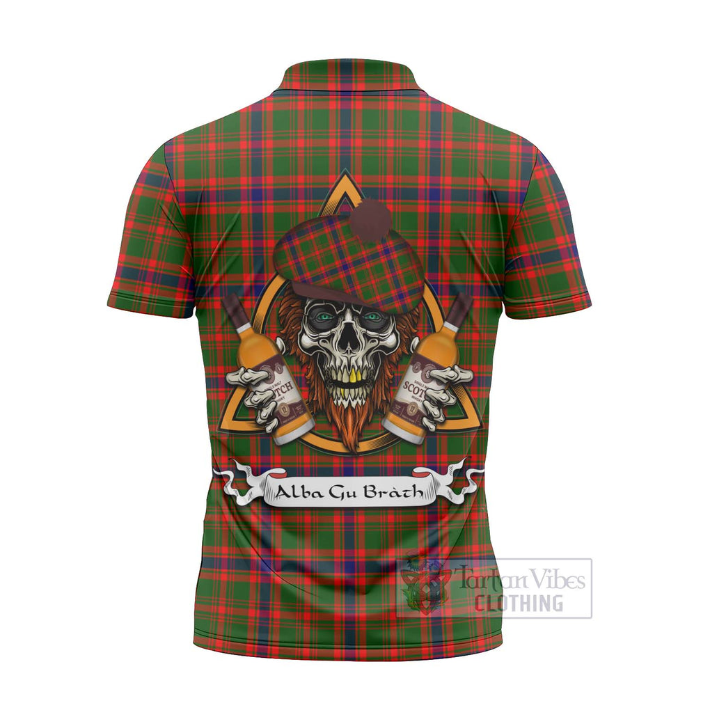 Tartan Vibes Clothing Kinninmont Tartan Zipper Polo Shirt with Family Crest and Bearded Skull Holding Bottles of Whiskey