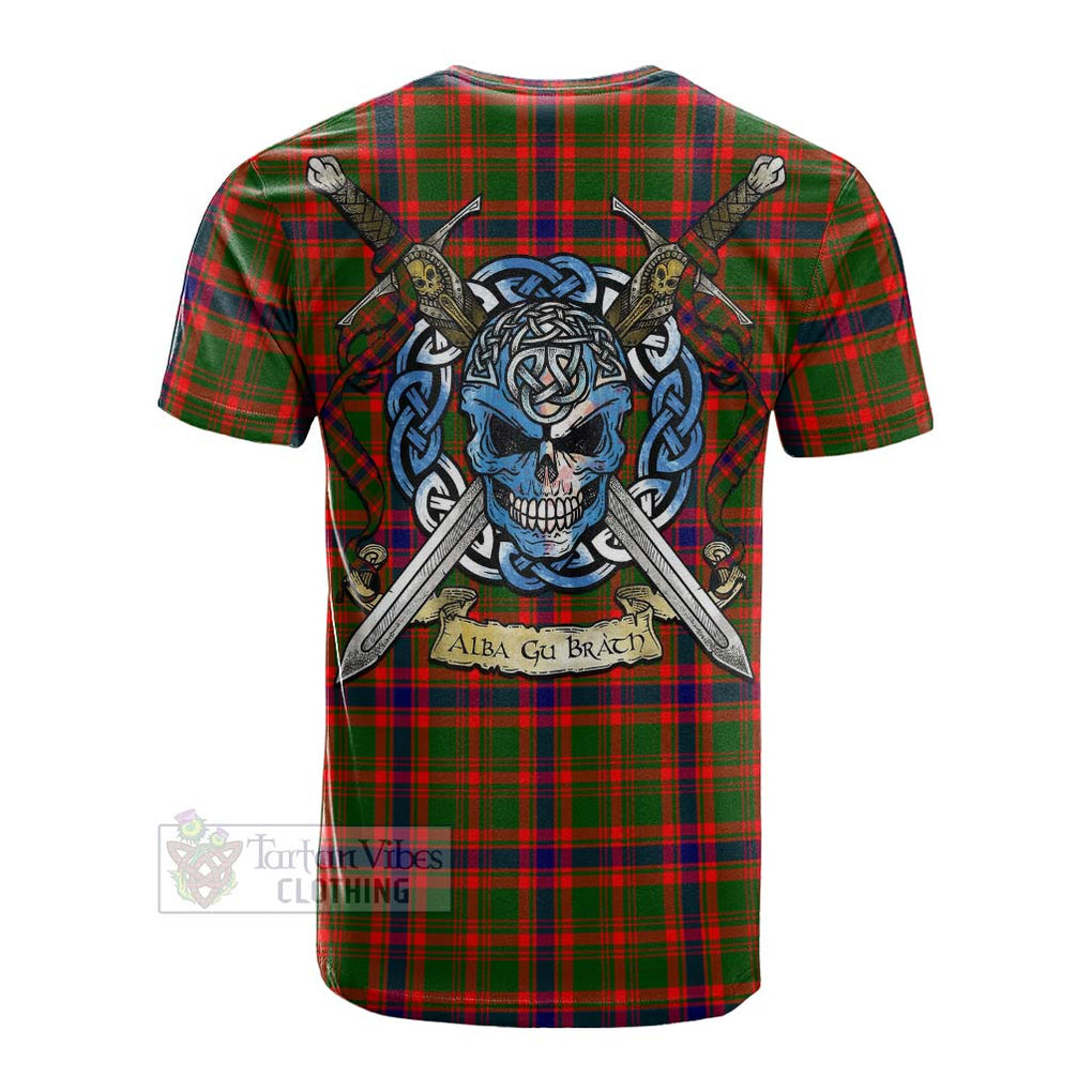 Tartan Vibes Clothing Kinninmont Tartan Cotton T-shirt with Family Crest Celtic Skull Style