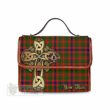 Kinninmont Tartan Waterproof Canvas Bag Golden Thistle Celtic Cross Style Brown Leather Strap One Size 10.5*20*27cm - Tartan Vibes Clothing