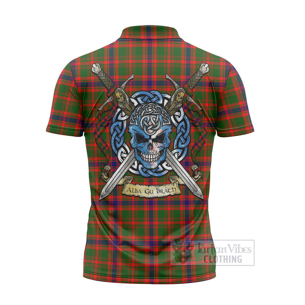 Tartan Vibes Clothing Kinninmont Tartan Zipper Polo Shirt with Family Crest Celtic Skull Style