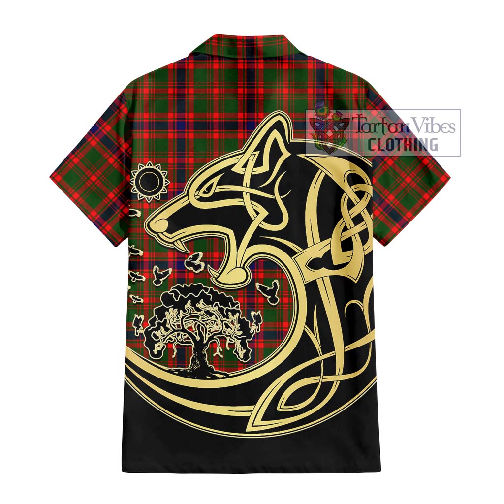 Tartan Vibes Clothing Kinninmont Tartan Short Sleeve Button Shirt with Family Crest Celtic Wolf Style