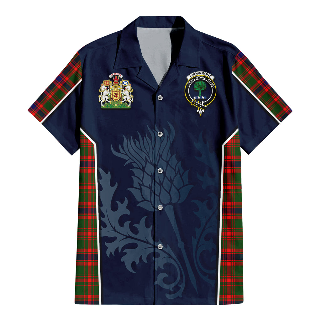 Tartan Vibes Clothing Kinninmont Tartan Short Sleeve Button Up Shirt with Family Crest and Scottish Thistle Vibes Sport Style