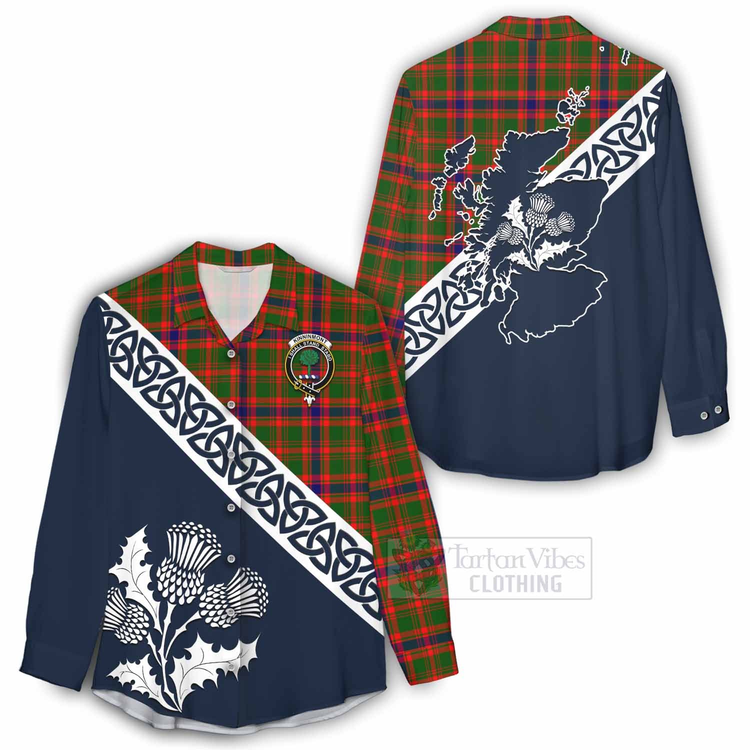 Tartan Vibes Clothing Kinninmont Tartan Women's Casual Shirt Featuring Thistle and Scotland Map