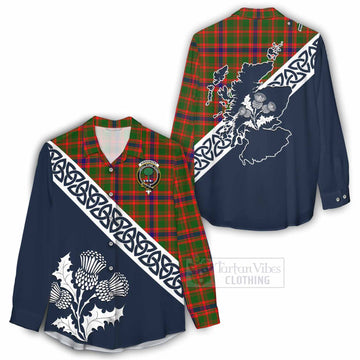 Kinninmont Tartan Women's Casual Shirt Featuring Thistle and Scotland Map