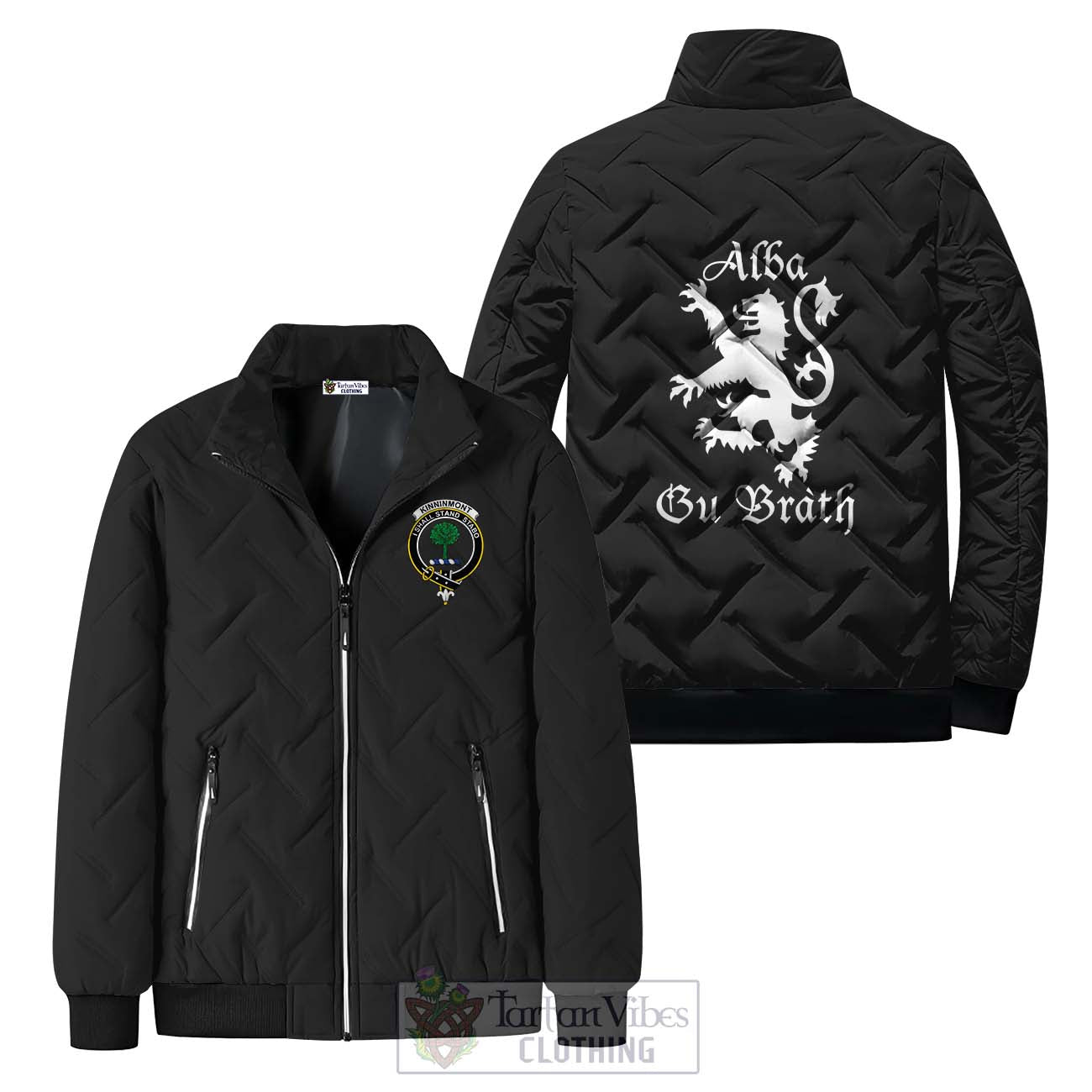 Tartan Vibes Clothing Kinninmont Family Crest Padded Cotton Jacket Lion Rampant Alba Gu Brath Style
