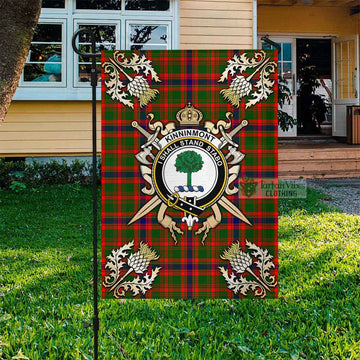 Kinninmont Tartan Flag with Family Crest and Golden Thistle Crossed Sword Design