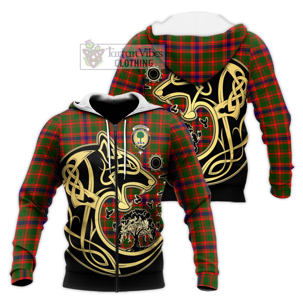 Tartan Vibes Clothing Kinninmont Tartan Knitted Hoodie with Family Crest Celtic Wolf Style