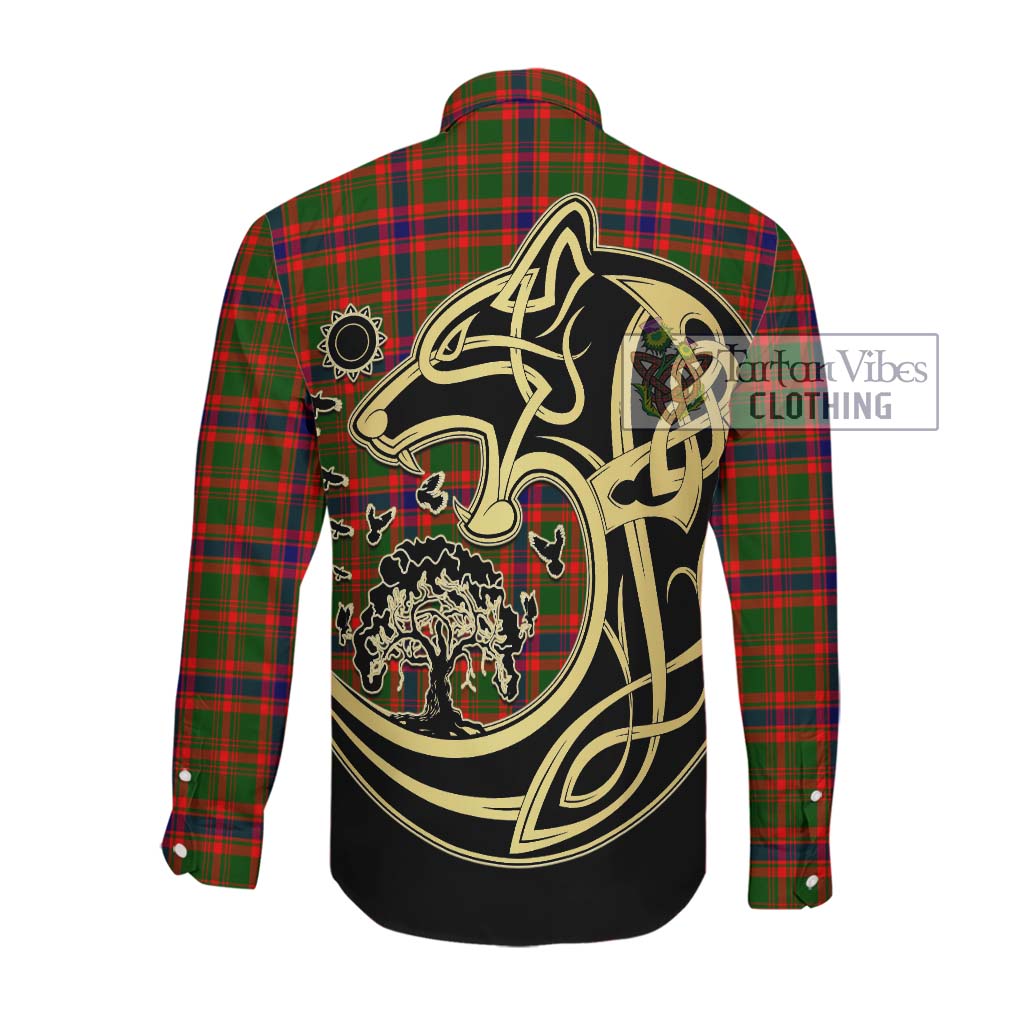 Tartan Vibes Clothing Kinninmont Tartan Long Sleeve Button Shirt with Family Crest Celtic Wolf Style