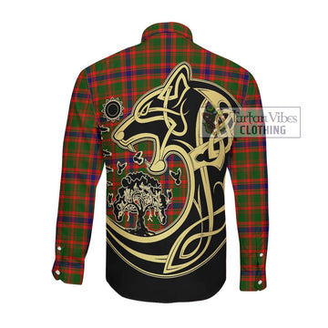 Kinninmont Tartan Long Sleeve Button Shirt with Family Crest Celtic Wolf Style