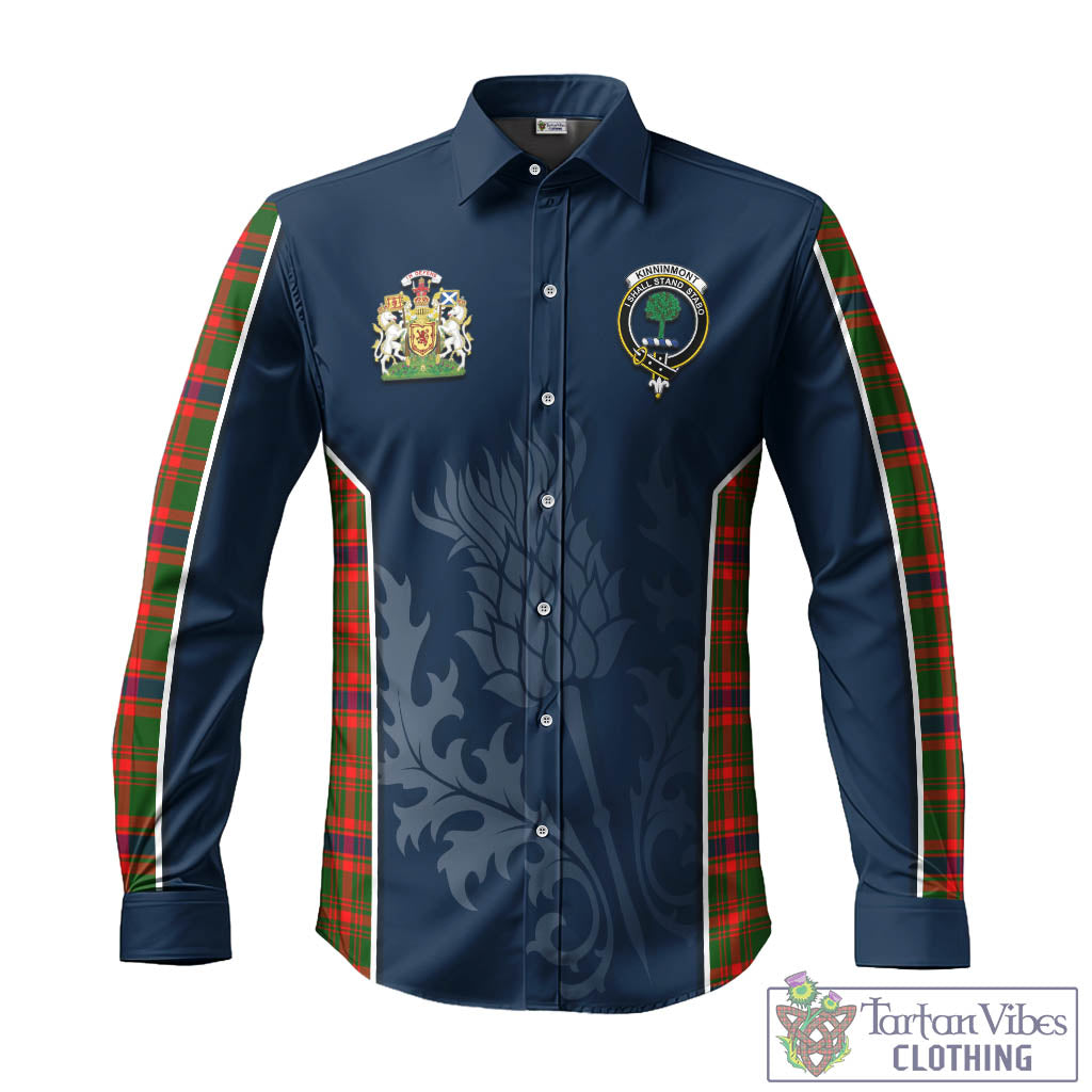 Tartan Vibes Clothing Kinninmont Tartan Long Sleeve Button Up Shirt with Family Crest and Scottish Thistle Vibes Sport Style